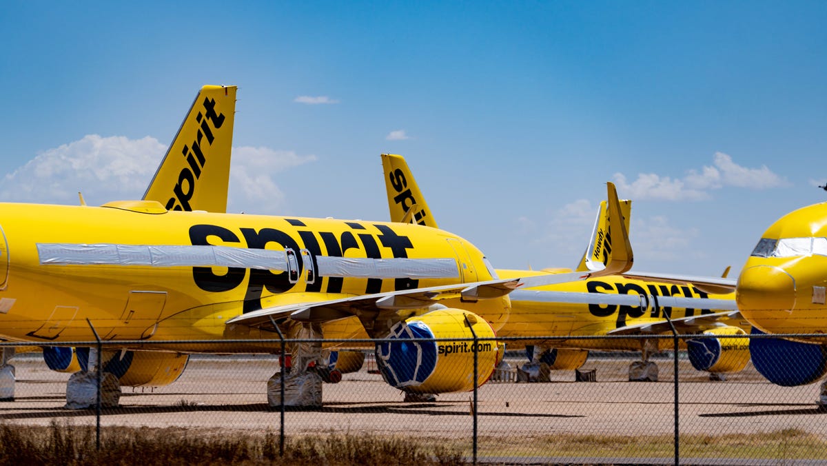Out-of-service Spirit Airlines aircraft rest at Phoenix Goodyear Airport in Goodyear on May 2, 2026.