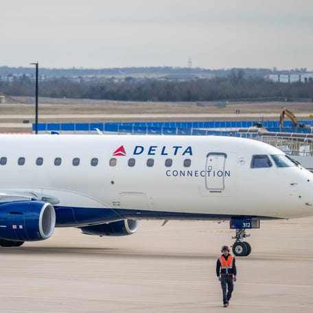 A Delta plane is pictured on the tarmac at the Austin-Bergstrom International Airport in Austin, Texas, on Jan. 12, 2026.