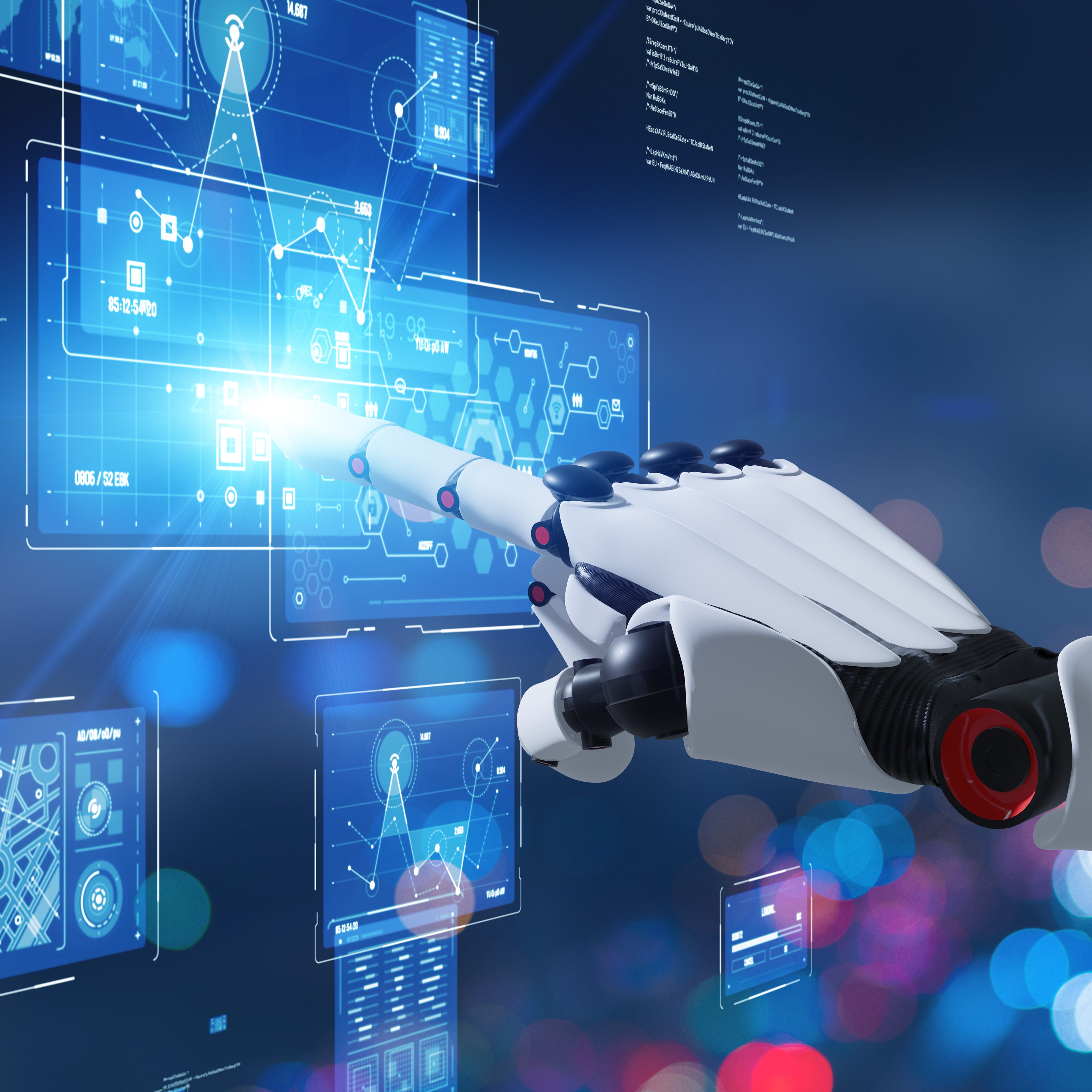 A robotic hand interacting with a visual AI touchscreen display.