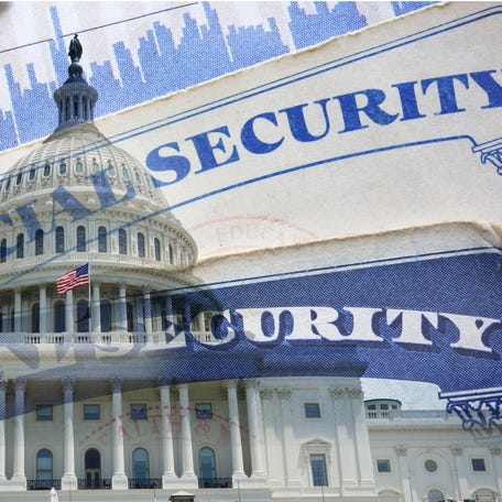 Social Security cards superimposed on an image of the U.S. Capitol Building.