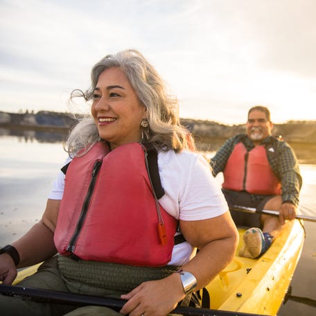 Two people kayaking.