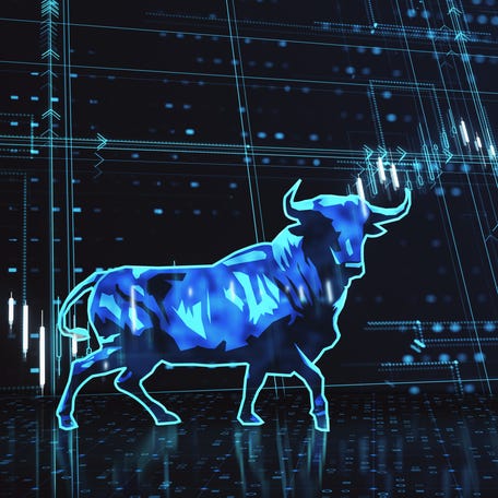 Drawing of bull in front of charts.