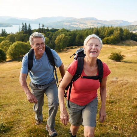 A couple hiking up a grassy hill with a fjord in the background.