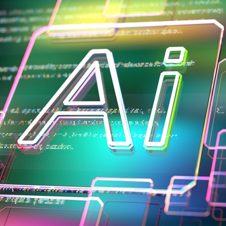 Letters AI over a background of various shapes and text.