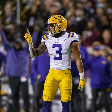 Nov 26, 2022; College Station, Texas, USA; LSU Tigers safety Greg Brooks Jr. (3) and safety Major Burns (28) in action during the game between the Texas A&M Aggies and the LSU Tigers at Kyle Field. Mandatory Credit: Jerome Miron-USA TODAY Sports