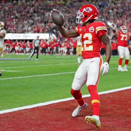 Kansas City Chiefs wide receiver Mecole Hardman Jr. (12) reacts after scoring a touchdown against the San Francisco 49ers in overtime during Super Bowl LVIII at Allegiant Stadium. Mandatory Credit: Kirby Lee-USA TODAY Sports