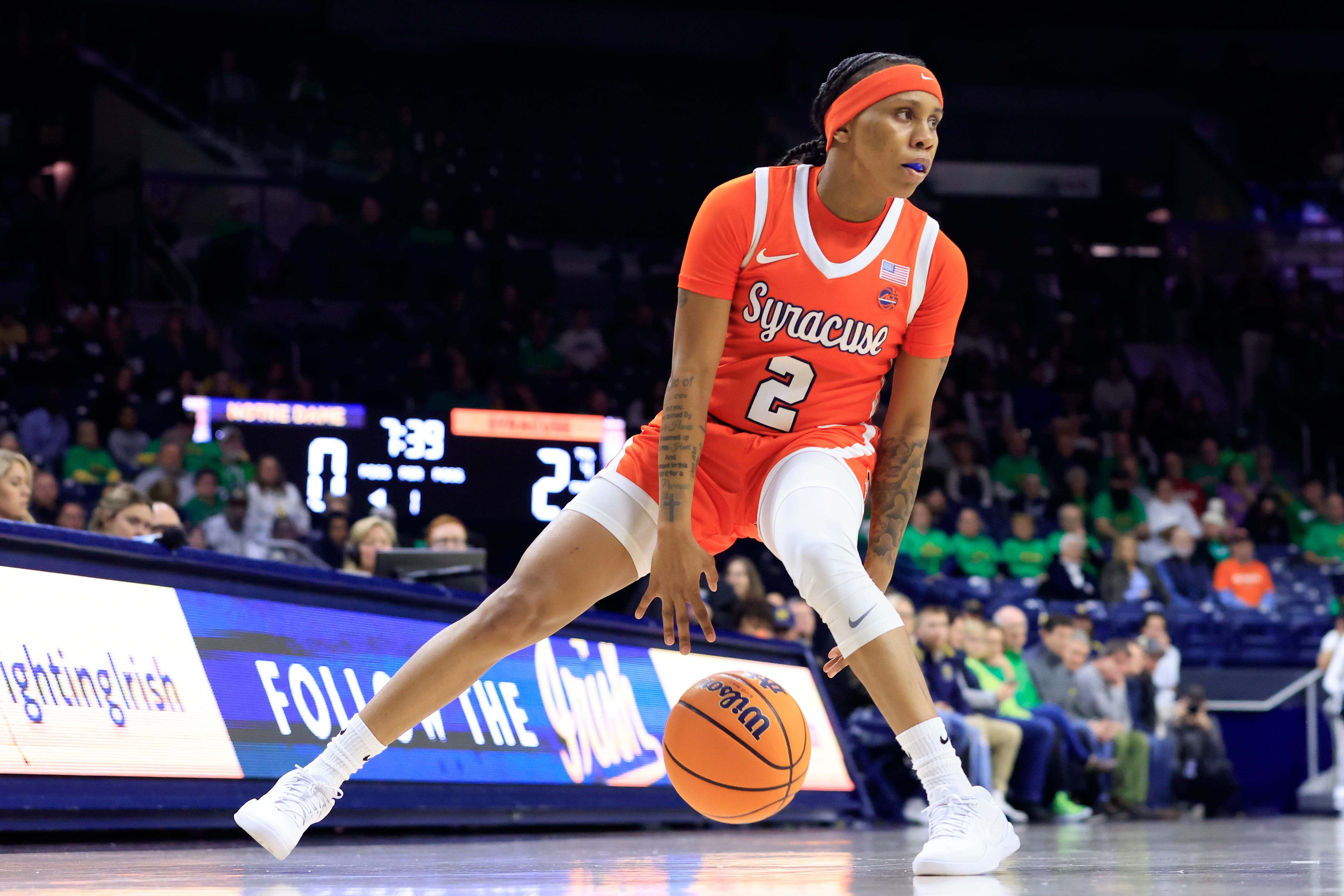 SOUTH BEND, INDIANA - JANUARY 25: Dyaisha Fair #2 of the Syracuse Orange drives to the basket during the first half in the game against the Notre Dame Fighting Irish at Joyce Center on January 25, 2024 in South Bend, Indiana. (Photo by Justin Casterline/Getty Images) ORG XMIT: 776094232 ORIG FILE ID: 1961306432
