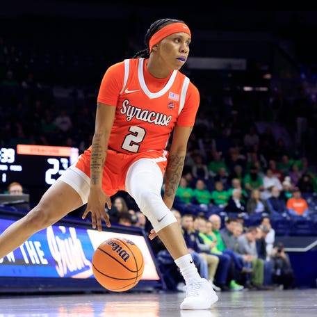 SOUTH BEND, INDIANA - JANUARY 25: Dyaisha Fair #2 of the Syracuse Orange drives to the basket during the first half in the game against the Notre Dame Fighting Irish at Joyce Center on January 25, 2024 in South Bend, Indiana. (Photo by Justin Casterline/Getty Images) ORG XMIT: 776094232 ORIG FILE ID: 1961306432