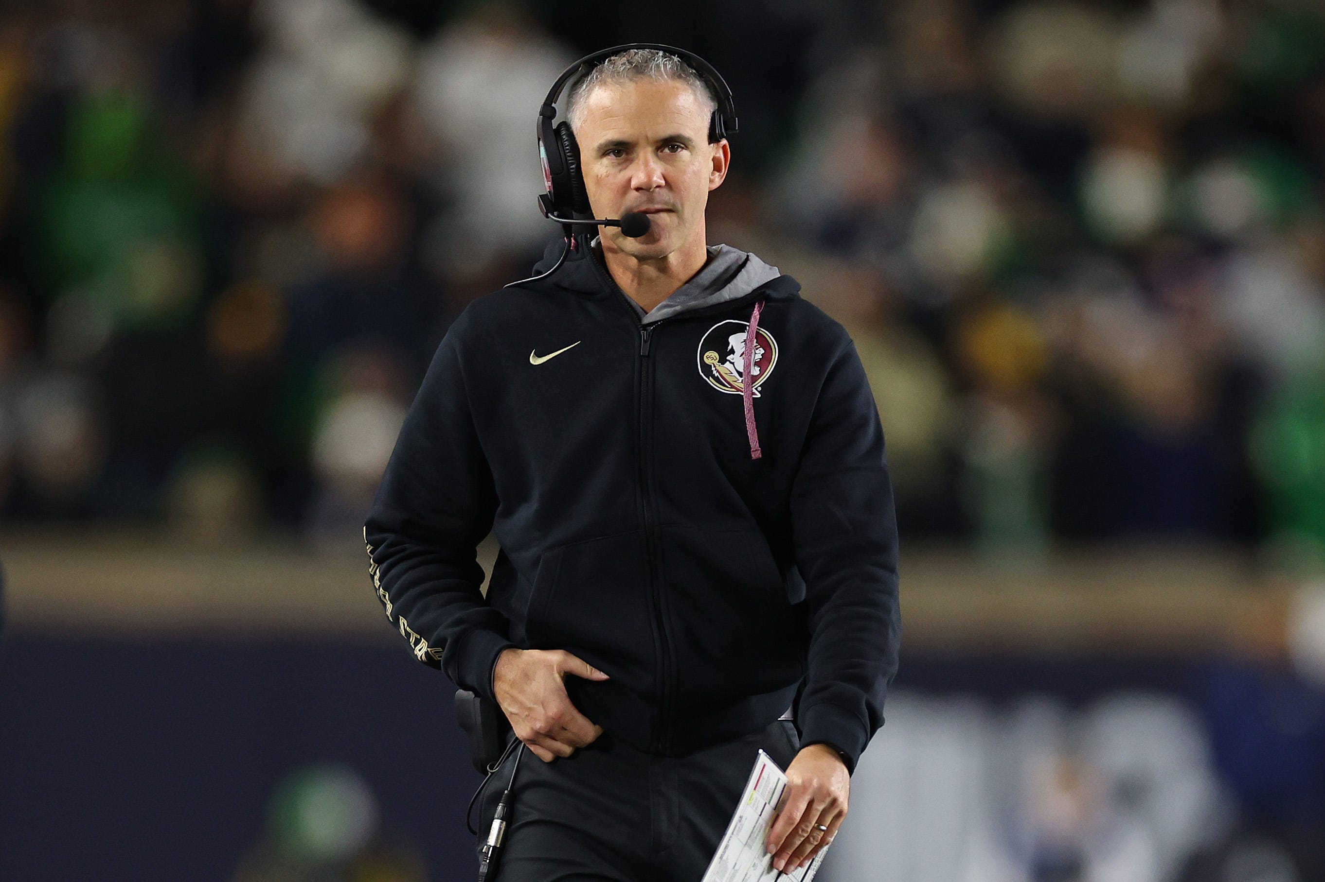 SOUTH BEND, INDIANA - NOVEMBER 09: Head coach Mike Norvell of the Florida State Seminoles looks on against the Notre Dame Fighting Irish during the first half at Notre Dame Stadium on November 09, 2024 in South Bend, Indiana. (Photo by Michael Reaves/Getty Images)