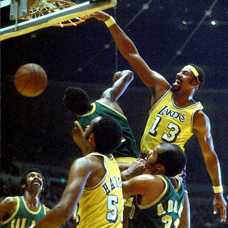 Unknown date; Los Angeles Lakers center (13) Wilt Chamberlain in action against San Diego at the Forum. Mandatory Credit: Photo By Malcolm Emmons-USA TODAY Sports