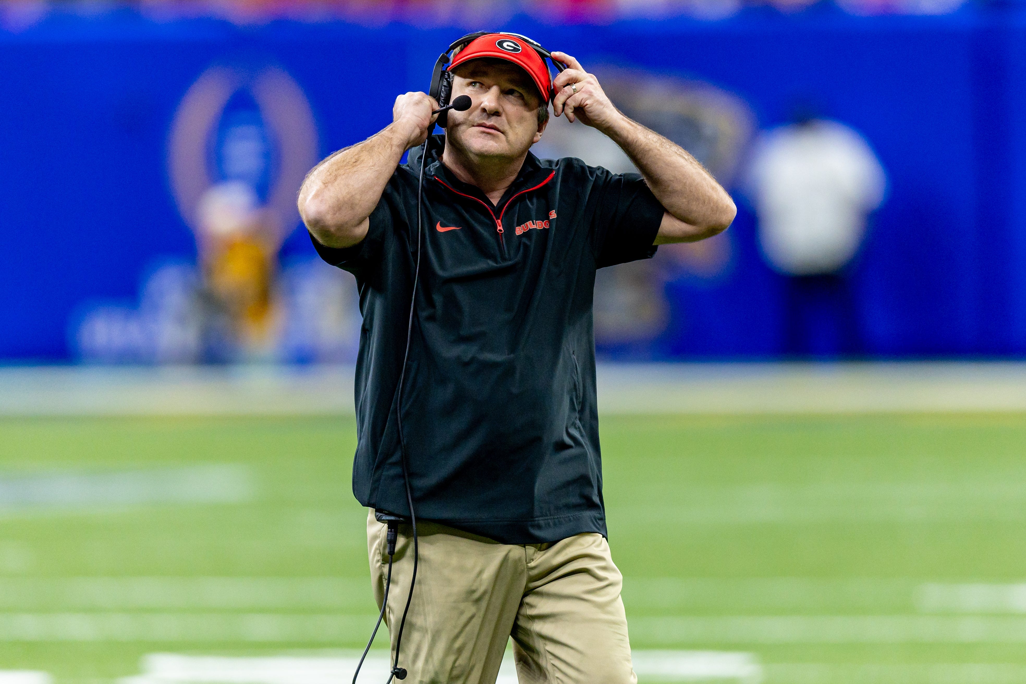 Jan 2, 2025; New Orleans, LA, USA; Georgia Bulldogs head coach Kirby Smart looks on against the Notre Dame Fighting Irish during the first half at Caesars Superdome. Mandatory Credit: Stephen Lew-Imagn Images
