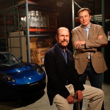 Feb. 19, 2008; San Carlos, CA, USA; Tesla Motors president and CEO Ze'ev Drori, left, and Tesla Motors chairman Elon Musk, right, pose in the Tesla Motors development facility in San Carlos, just south of San Francisco next to a Tesla Roadster.