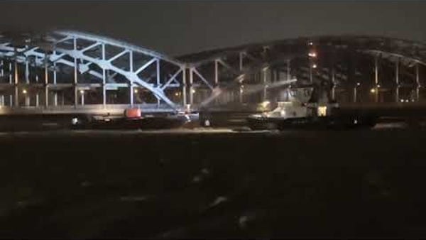 Barge hits bridge in Germany during storm