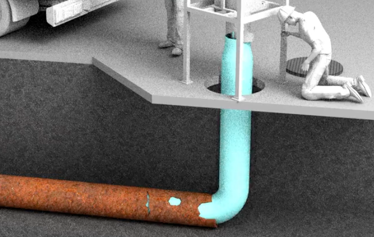 3D graphic illustrates pipeline workers retrofitting a water pipeline.