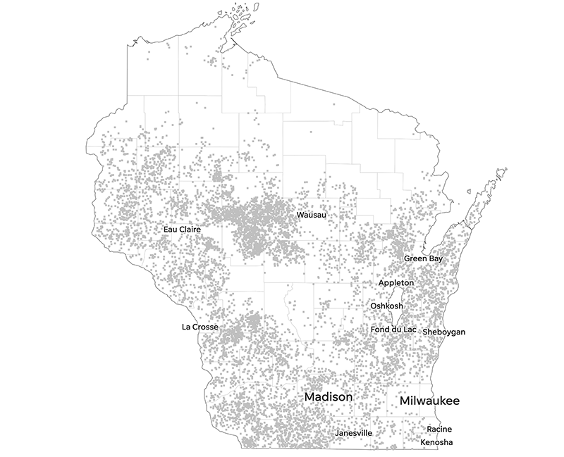 Map of Wisconsin dairy farms