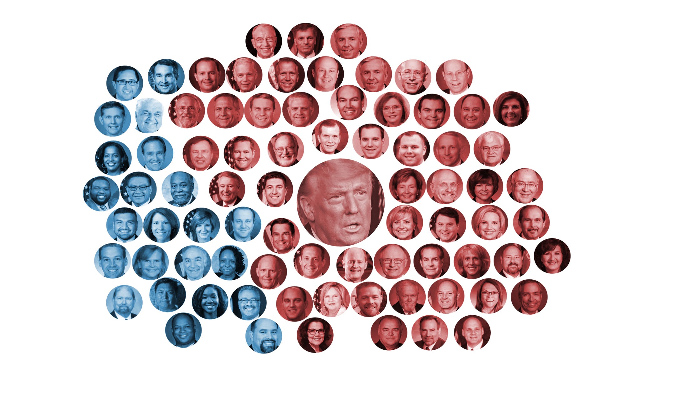 clusters of faces of US politicians, some with a blue background, some with a red background.