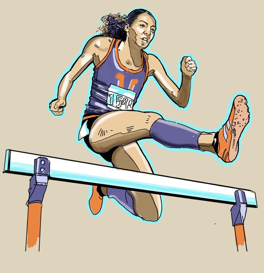 Woman jumping over hurdle illustration