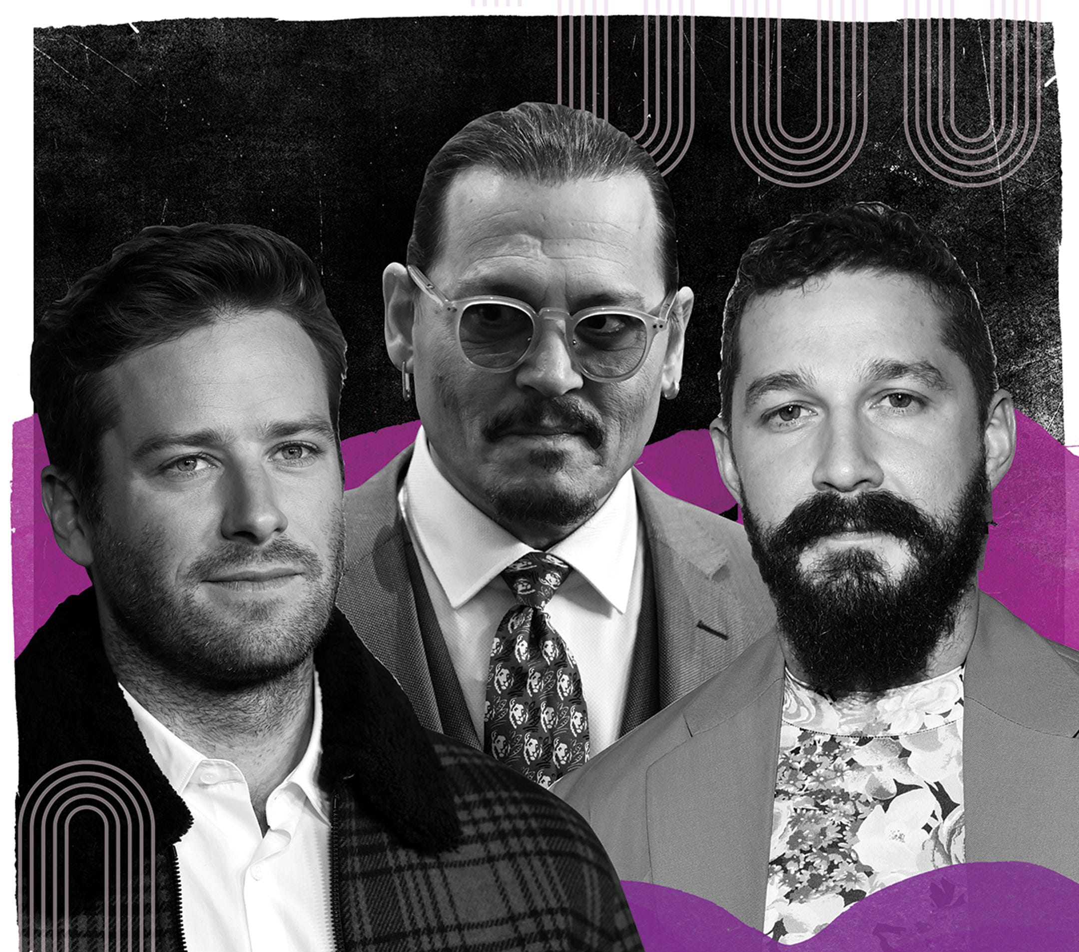 A black and white illustration of Armie Hammer, Johnny Depp and Shia LaBeouf on a dark background with purple paintbrush strokes.