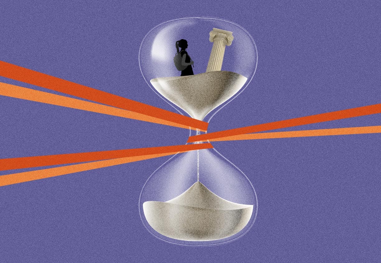 Illustration of student stuck in hourglass and red tape