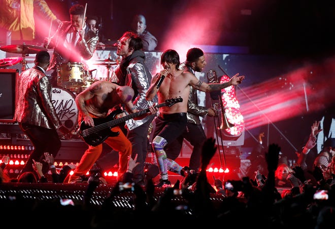 Super Bowl XLVIII:The Red Hot Chili Peppers perform during the halftime show of the Super Bowl XLVIII between the Seattle Seahawks and the Denver Broncos in East Rutherford, N.J.