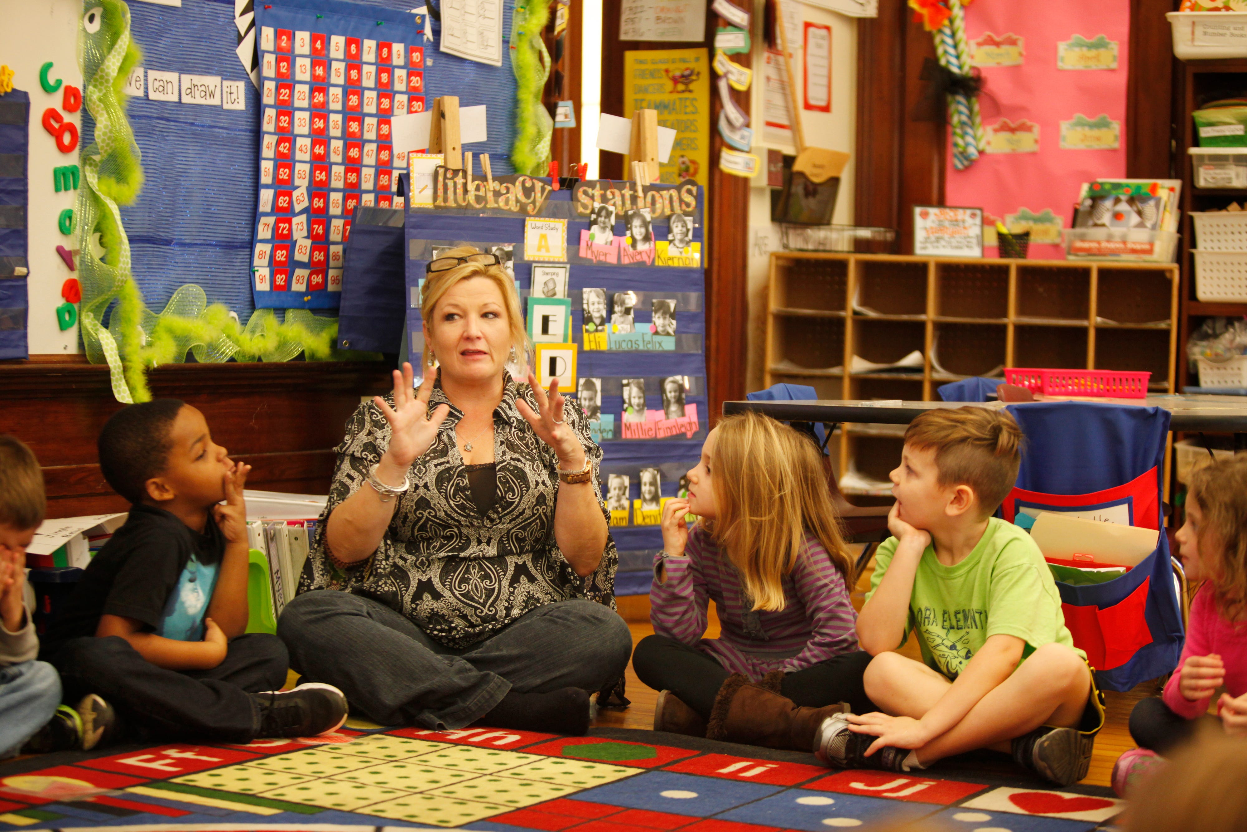 Kindergarten students at Bloom Elementary School in the Tyler Park neighborhood listen to their teacher during a reading lesson. Dec. 9, 2015