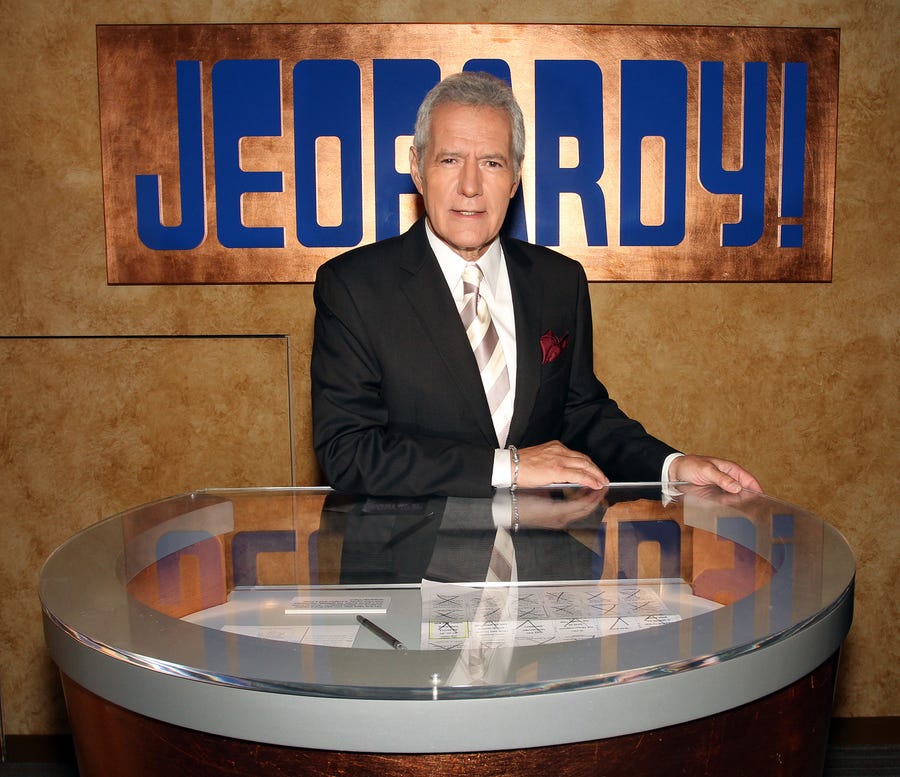"Jeopardy!' host Alex Trebek on the set in September 2011, in Culver City, Calif.
