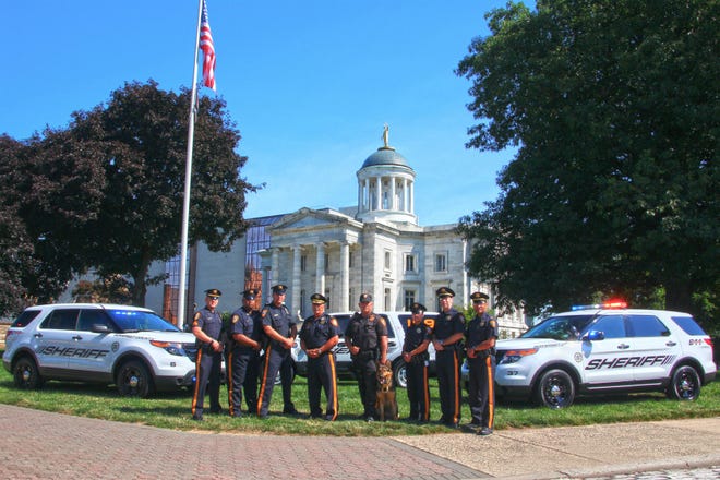 Shown left to right from the Somerset County Sheriff’s Office are Sgt. Robert Peschel, Officer Ahmed Mackey, Officer Michael DeRosa, Sheriff Frank Provenzano, Officer Albert Bauer with K9 Diesel, Officer Karissa Hahn, Capt. Tim Pino and Lt. Steve SanAntonio.