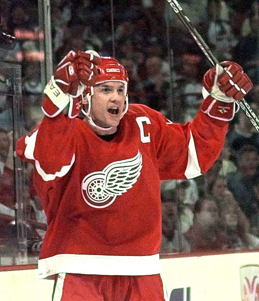 Steve Yzerman celebrates his first goal of the night during the Wings' 4-0 win over Colorado during NHL playoffs on May 9, 1999.
