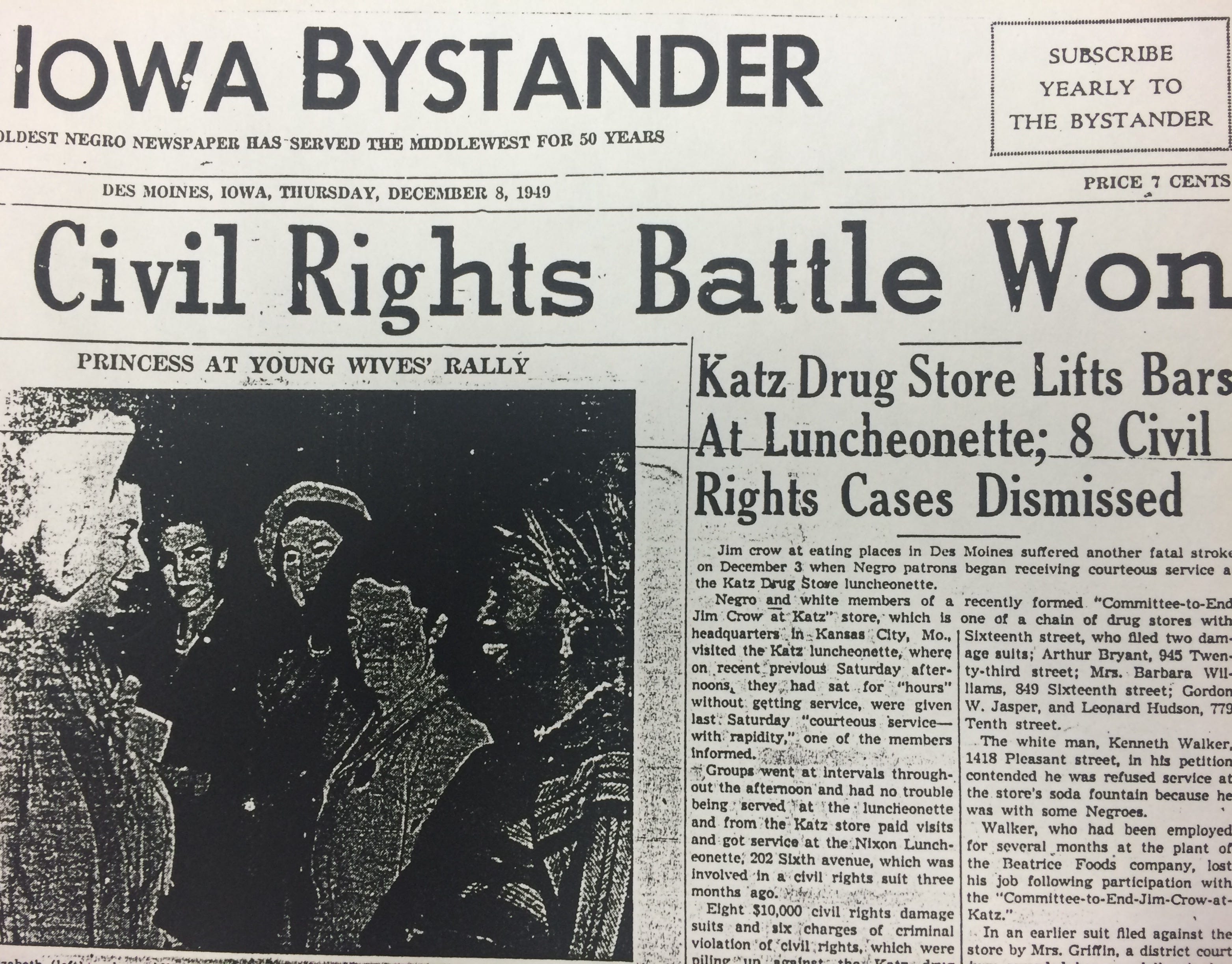 A 1949 newspaper clipping from the Iowa Bystander, a black newspaper.