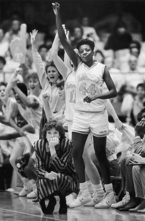 Gastonia native Cheryl Littlejohn (44) celebrates as coach Pat Summitt looks on during the Tennessee women's basketball team's 66-58 win over Virginia in their March 19, 1987 Mideast Region semifinal game.