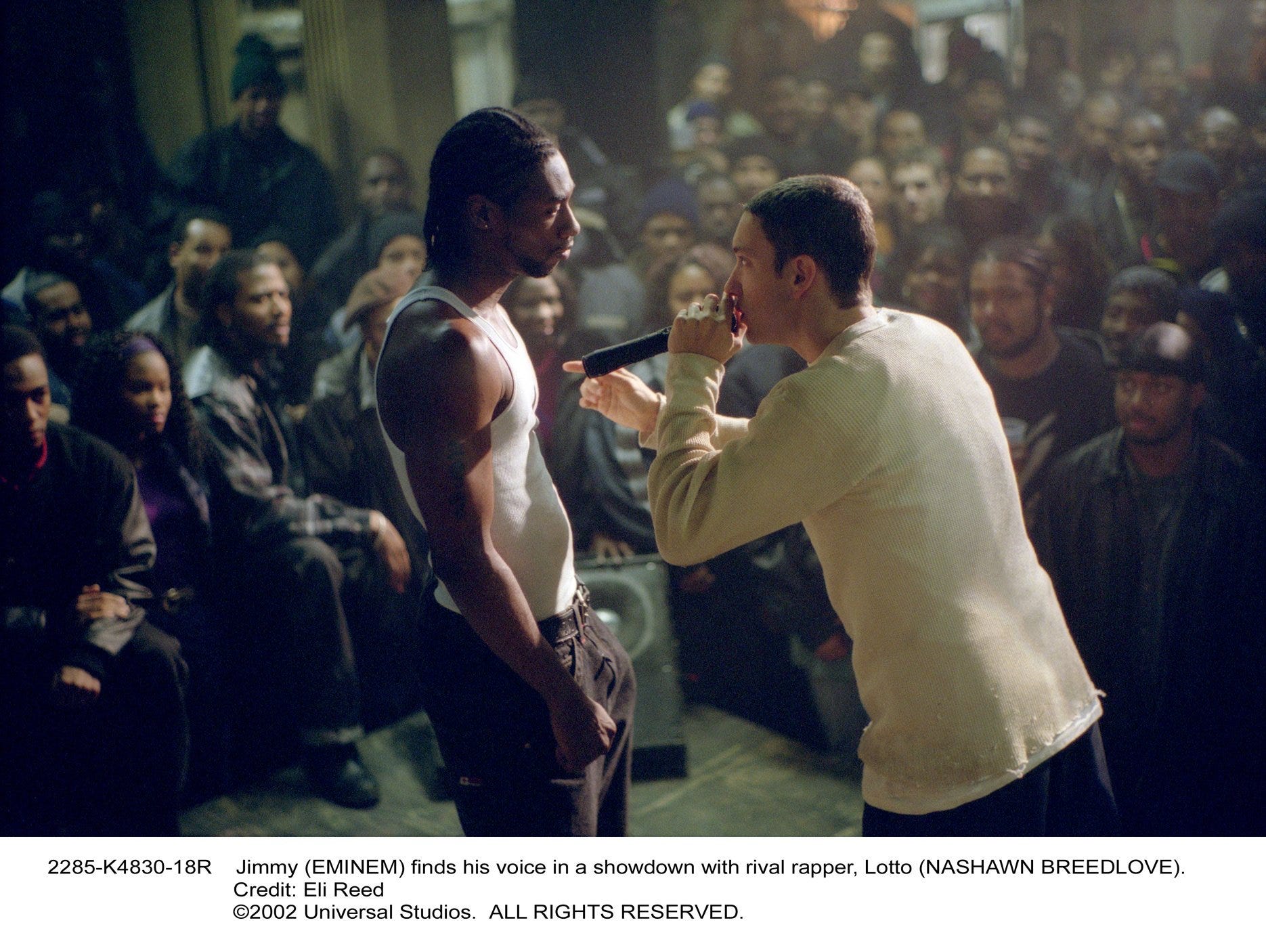 Eminem as B-Rabbit battling rival rapper Lotto (Nashawn Breedlove) in "8 Mile."
