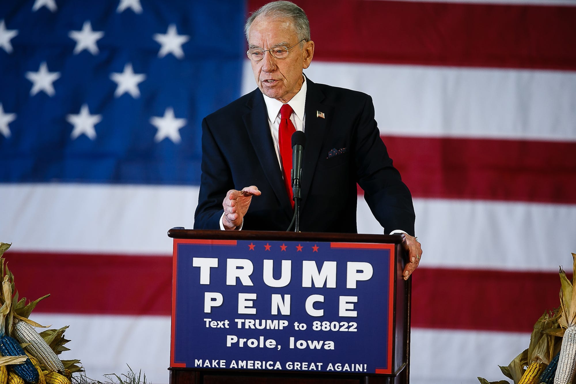 Sen. Chuck Grassley speaks during a rally for Republican vice presidential nominee Mike Pence on Thursday, Nov. 3, 2016 in Prole, Ia.