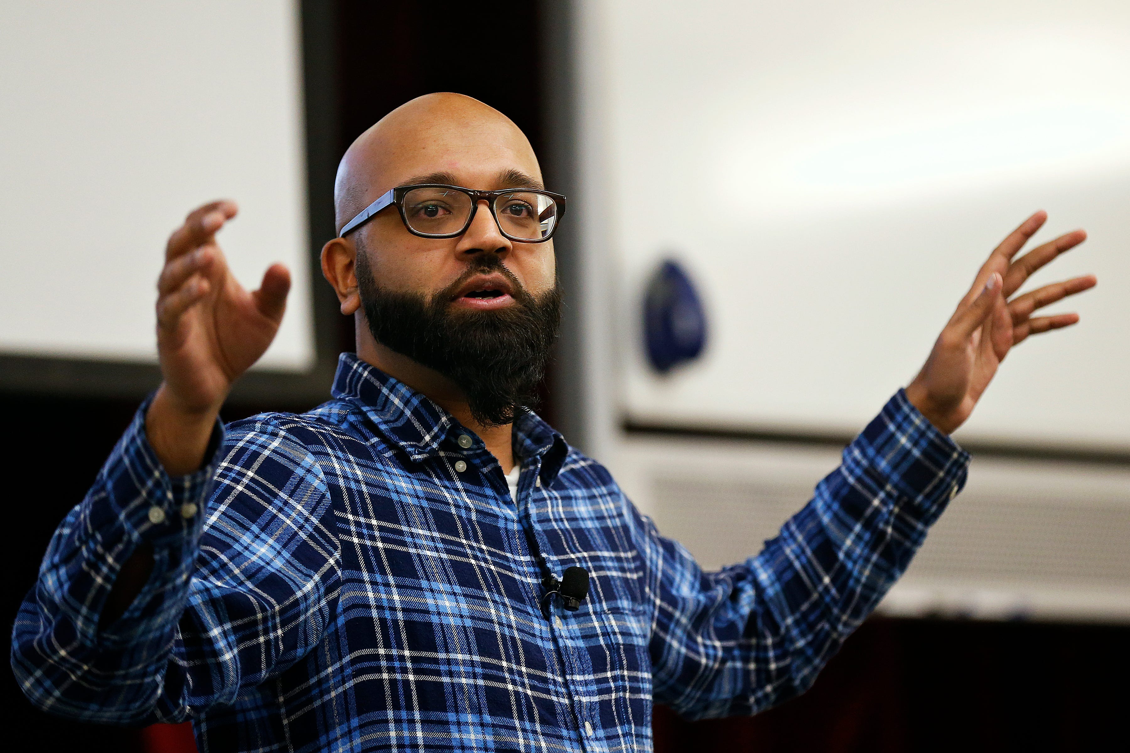 Muslim-American storyteller Aman Ali speaks during the keynote session of Missouri State University's International Education Week, held at Carrington Hall in the university's campus in Springfield, Mo. on Nov. 10, 2016.