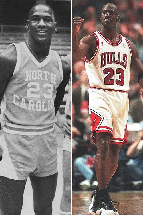 Michael Jordan won the NCAA championship with North Carolina in 1982, then went on to become a six-time NBA champion with the Chicago Bulls.