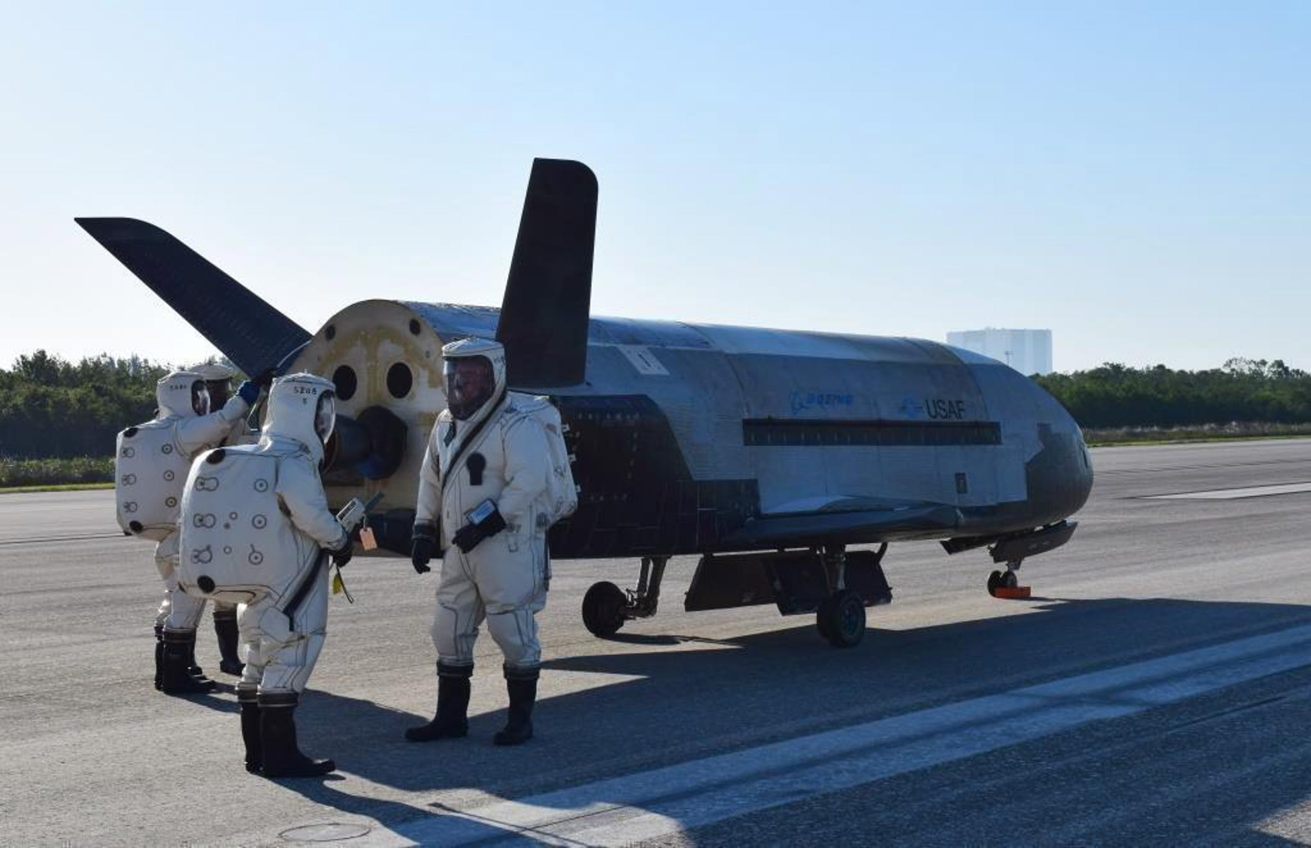 The X-37B Orbital Test Vehicle mission 4 after landing at NASA's Kennedy Space Center Shuttle Landing on May 7, 2017.