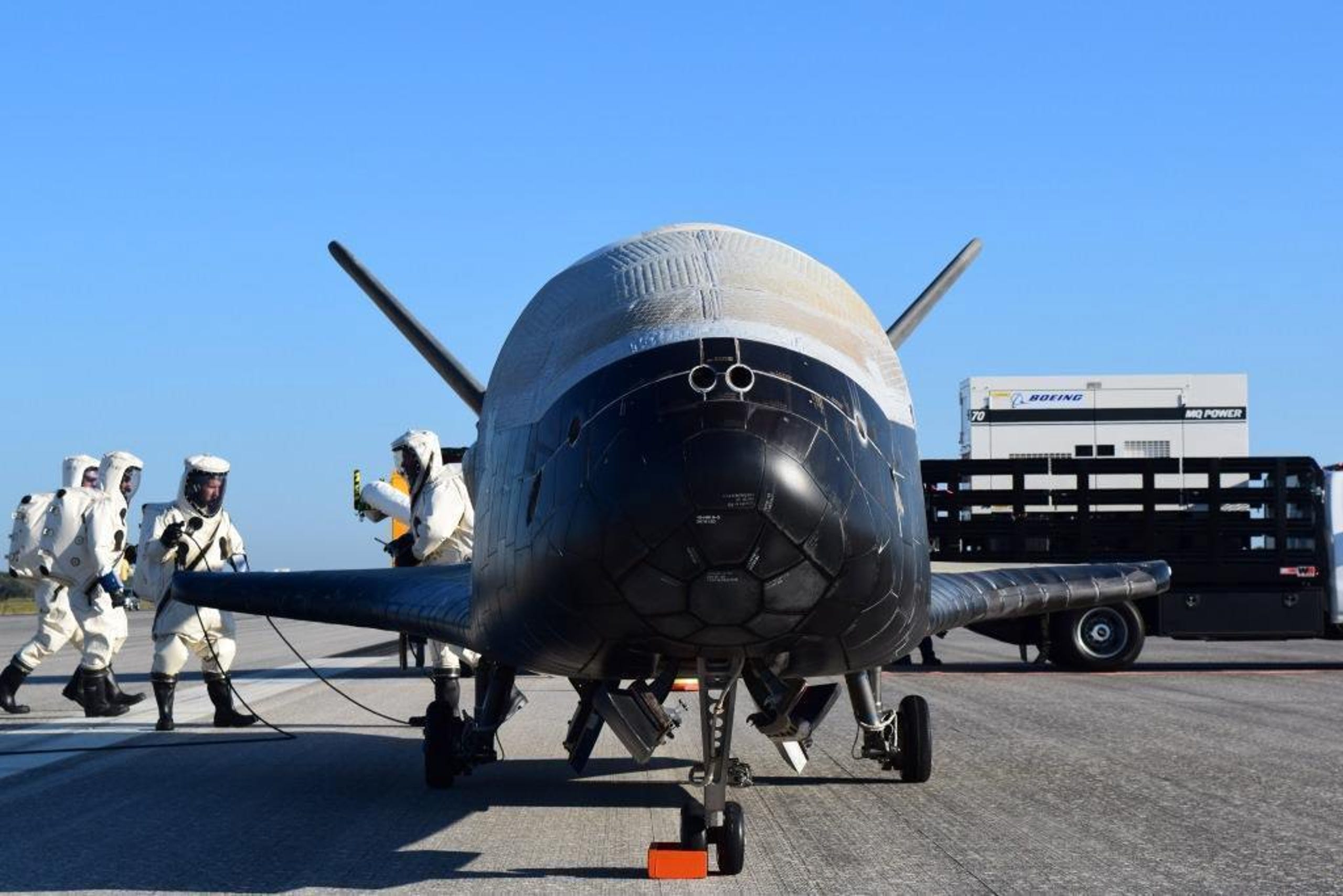 The US X-37B Orbital Test Vehicle mission 4 after landing at NASA's Kennedy Space Center Shuttle Landing Facility on May 7, 2017. According to the U.S. Air Force, the re-entry spacecraft spent more than 700 days in space.