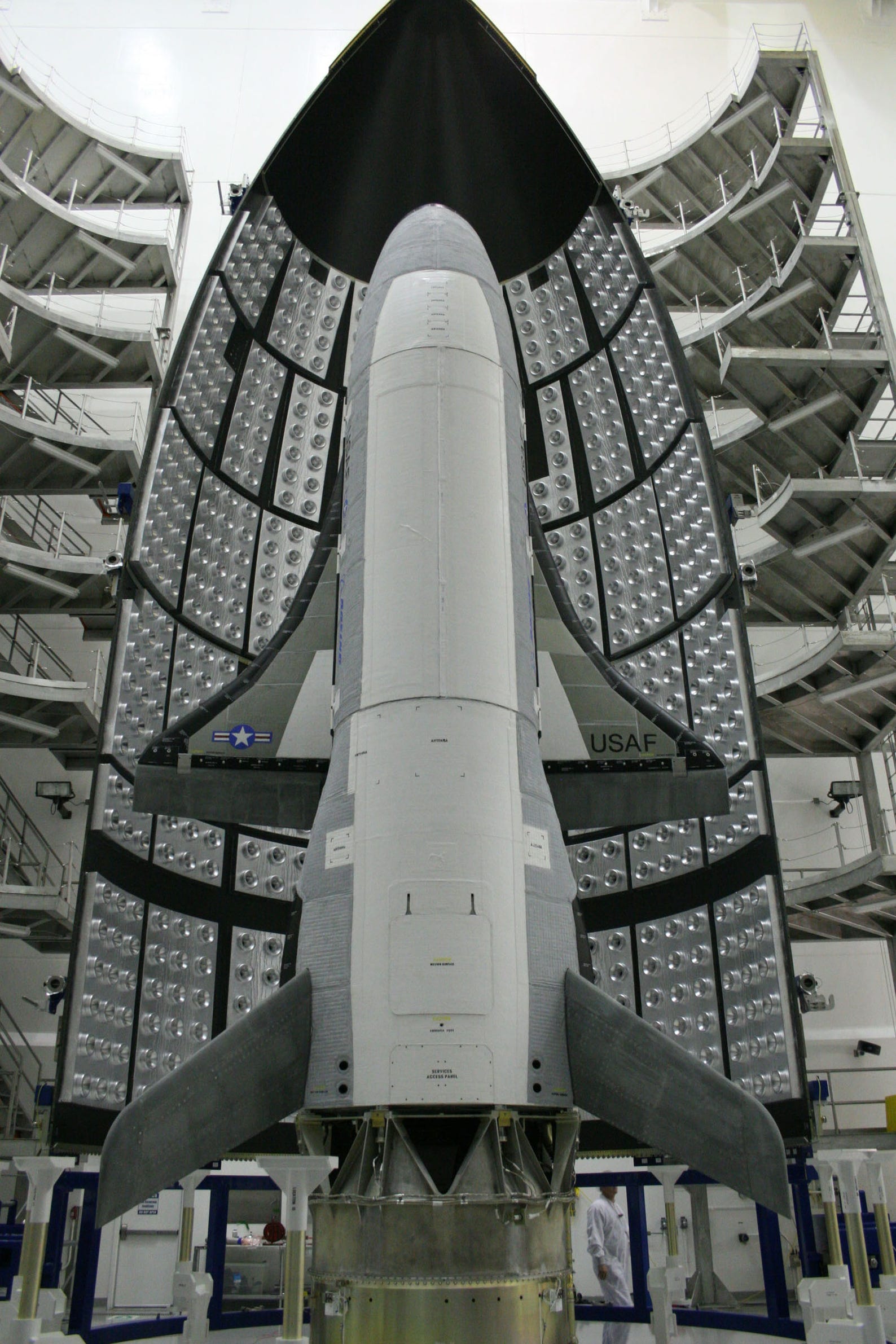 The X-37B Orbital Test Vehicle at the Astrotech facility in Titusville, Fla. April 5, 2010.