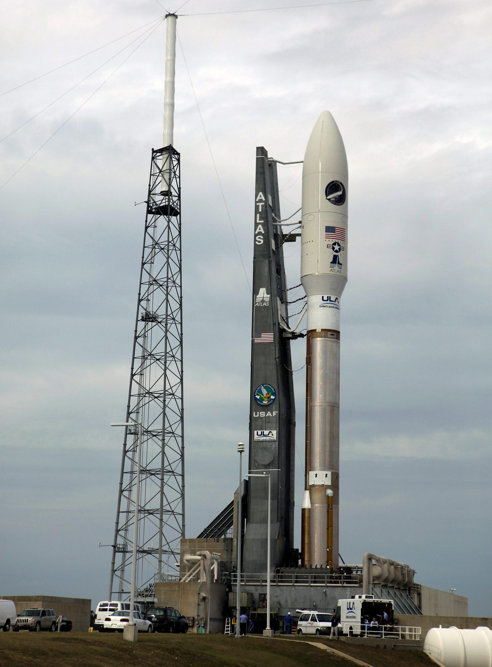 A United Launch Alliance Atlas V rocket stands ready for launch on the Complex 41 pad at the Cape Canaveral Air Force Station, Dec. 10, 2012, in Cape Canaveral, Fla.