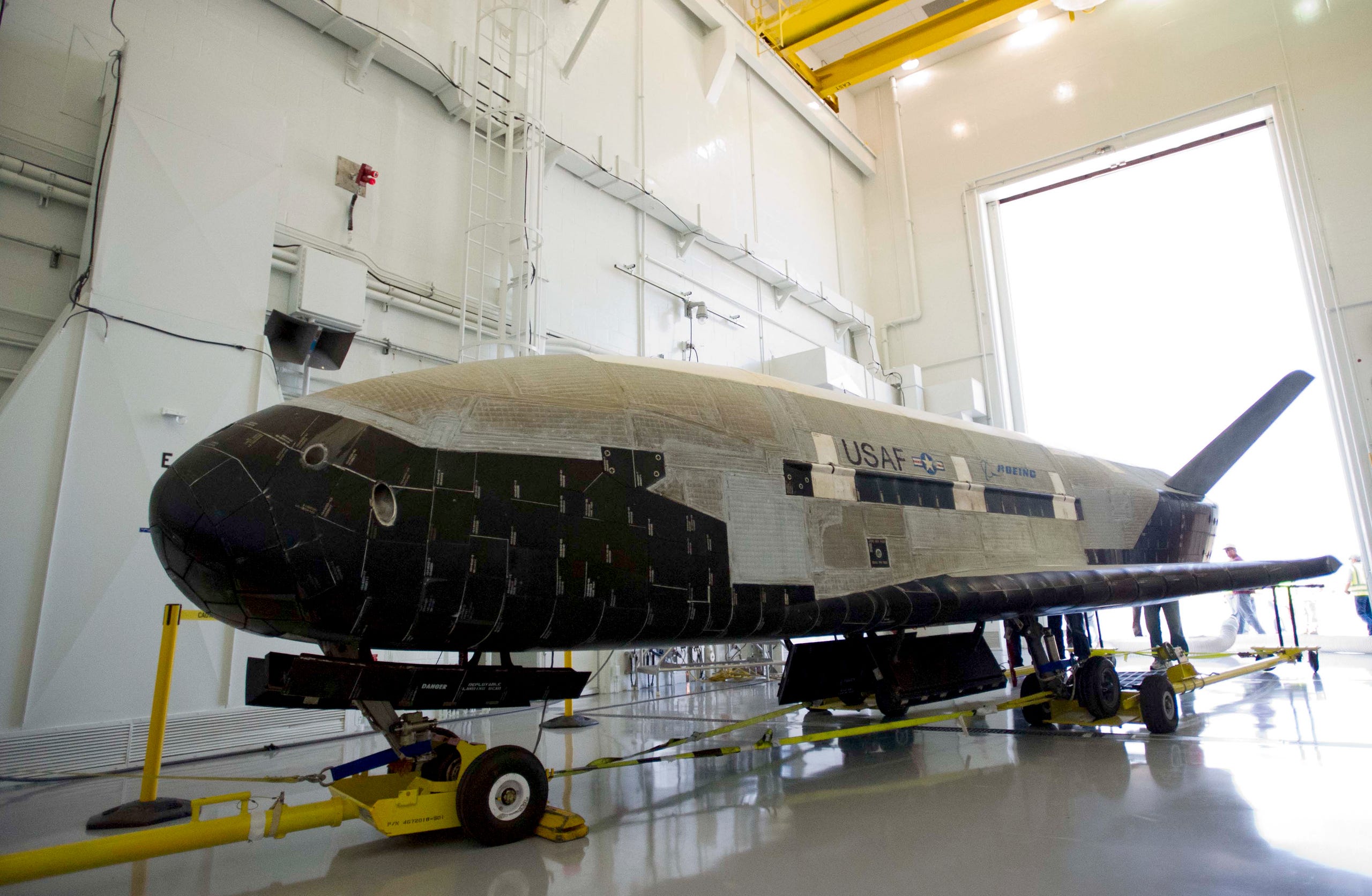 The X-37B Orbital Test Vehicle, the Air Force's unmanned, reusable space plane, at Vandenberg Air Force Base, Calif. on June 16, 2012.