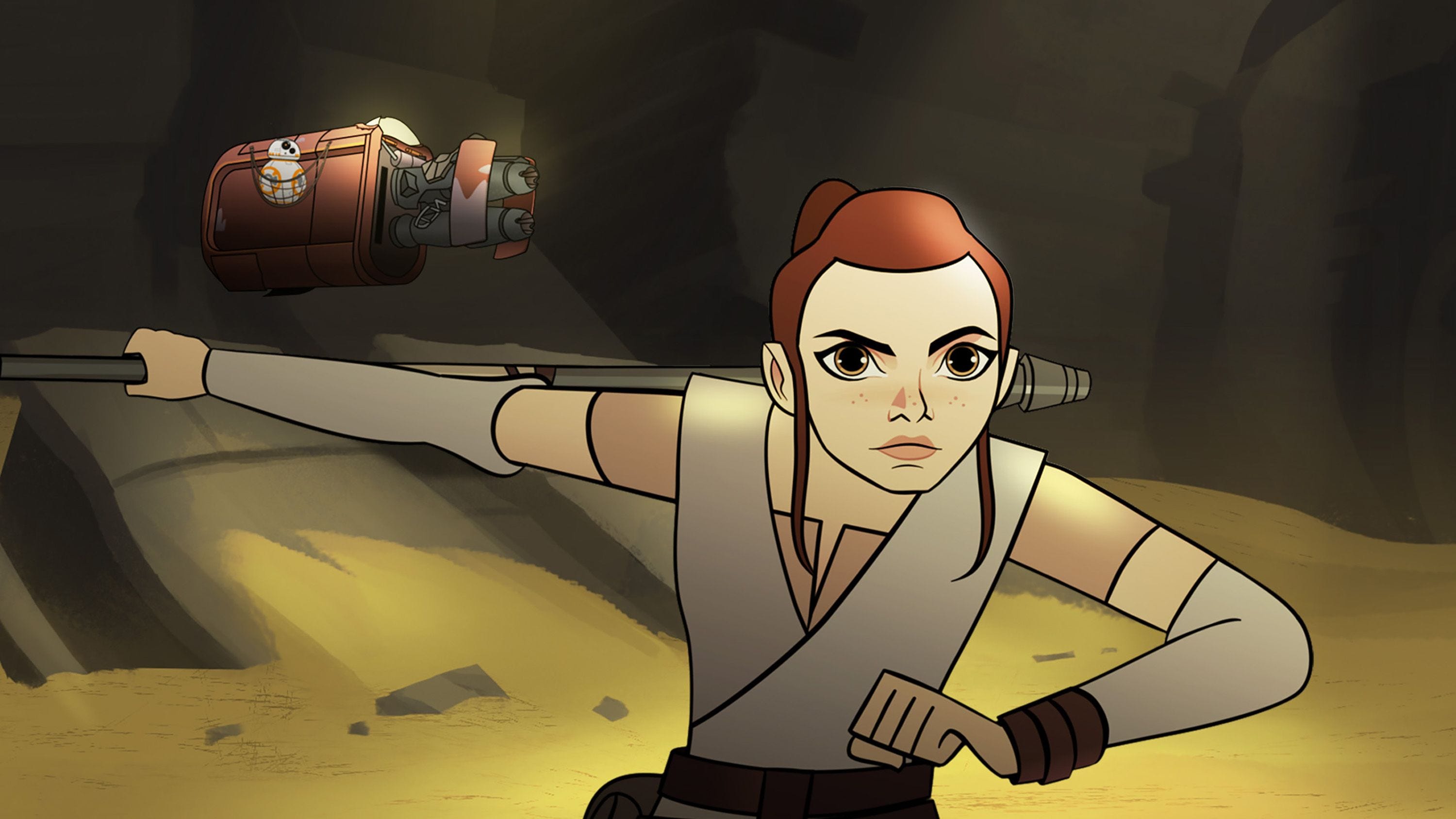 Rey (voiced by Daisy Ridley) in a still from an episode of the YouTube shorts 'Star Wars: Forces of Destiny.'