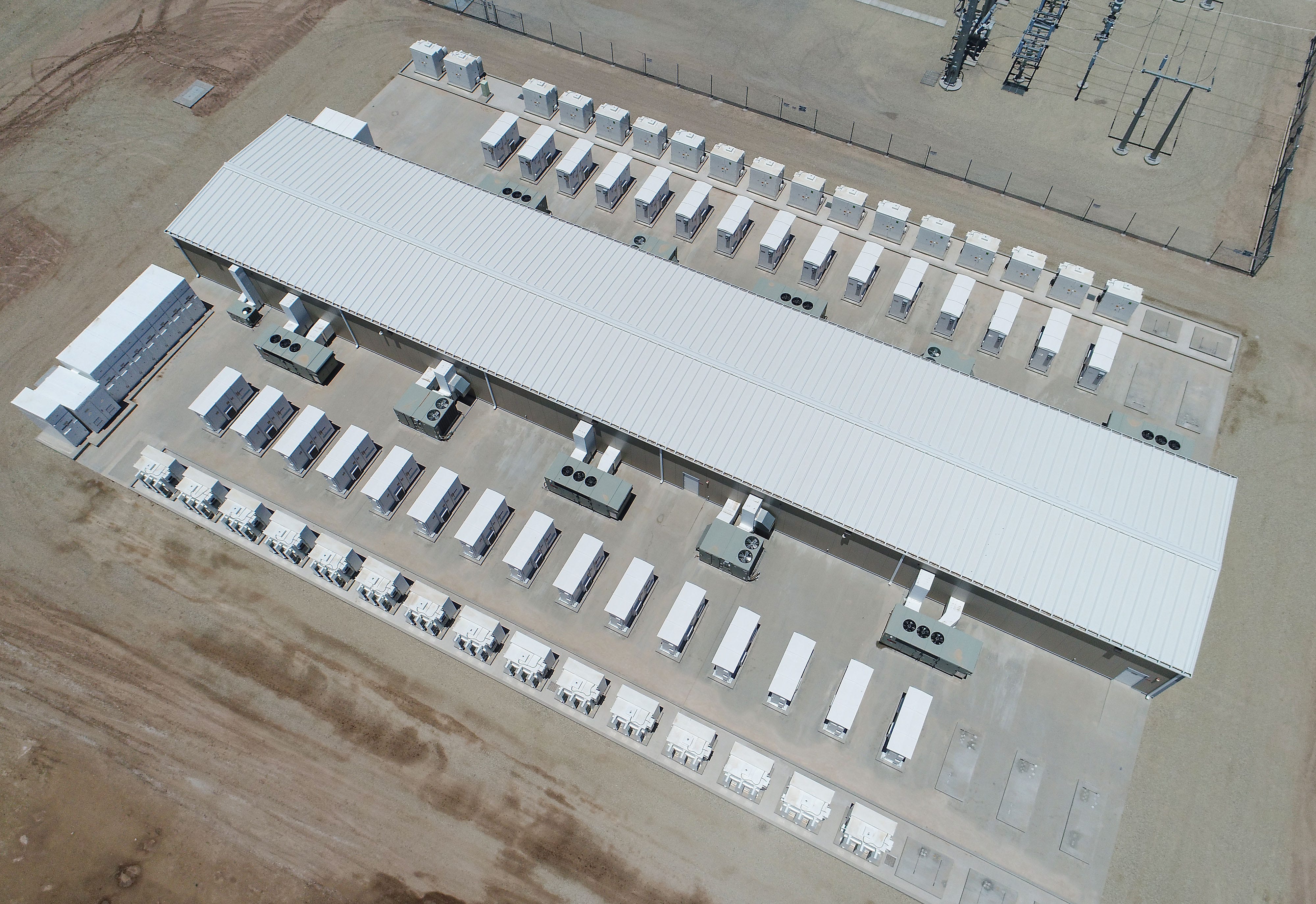 The Imperial Irrigation District's 30-megawatt battery storage system in El Centro, California, seen from a drone.