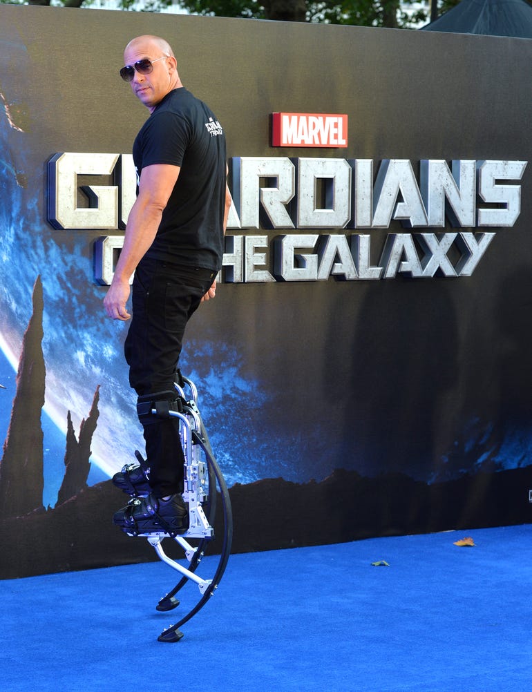 Vin Diesel gets a lift at the UK premiere of "Guardians of the Galaxy" in 2014.