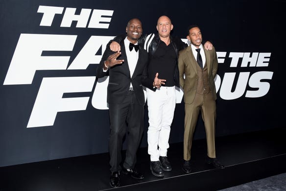 Longtime franchise cast members Tyrese Gibson, left, Vin Diesel and Ludacris attend the world premiere of "The Fate of the Furious" at Radio City Music Hall in 2017.