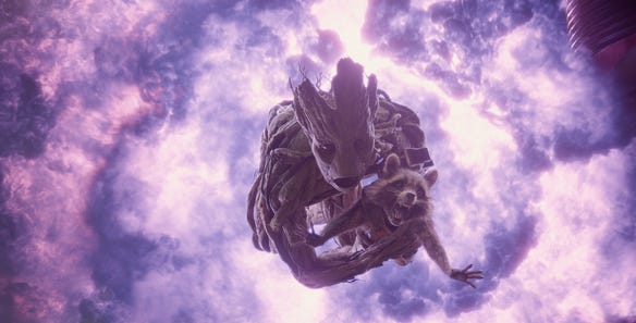 Groot (voiced by Vin Diesel) and Rocket Raccoon (voiced by Bradley Cooper) in a scene from the motion picture "Marvel's Guardians Of The Galaxy."