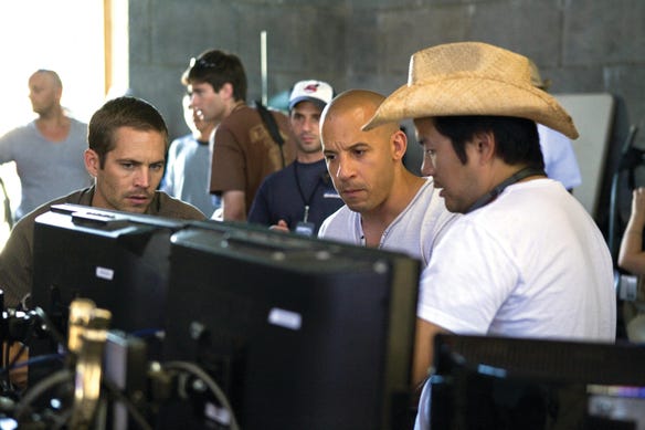Paul Walker, Vin Diesel, and director Justin Lin on the set of "Fast & Furious."