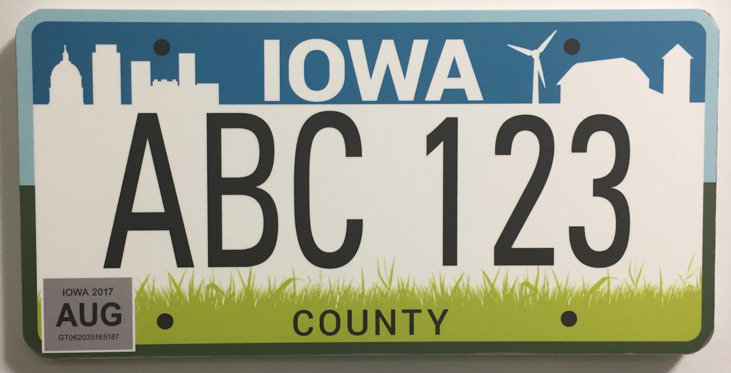 In 2017 Iowa voters approved a new design for the state's license plate.  Along with a silo and a smokestack is a wind turbine, representing an industry that provides 57% of Iowa's electricity.