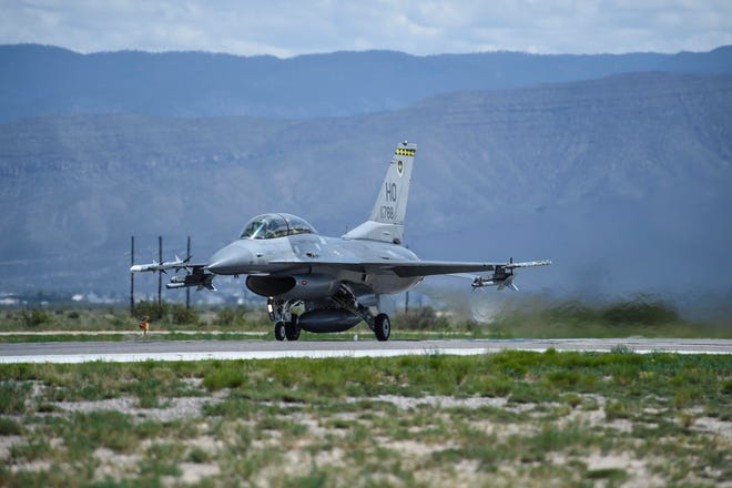 This photo taken Aug. 17, 2017 and provided by the U.S. Air Force, shows an F-16 Fighting Falcon ready for take-off in preparation to perform a final joint flying mission at Holloman Air Force Base in Alamogordo, N.M.  Holloman Air Force Base officials say their current array of flight training areas in southern New Mexico is outdated and that some need to be expanded, reshaped and relocated.