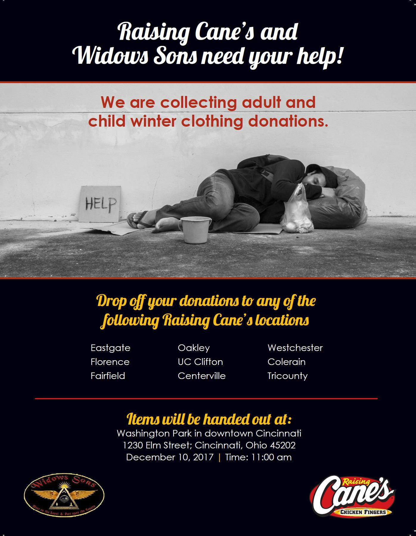 Widows Sons, Raising Cane's collecting winter outerwear for the homeless