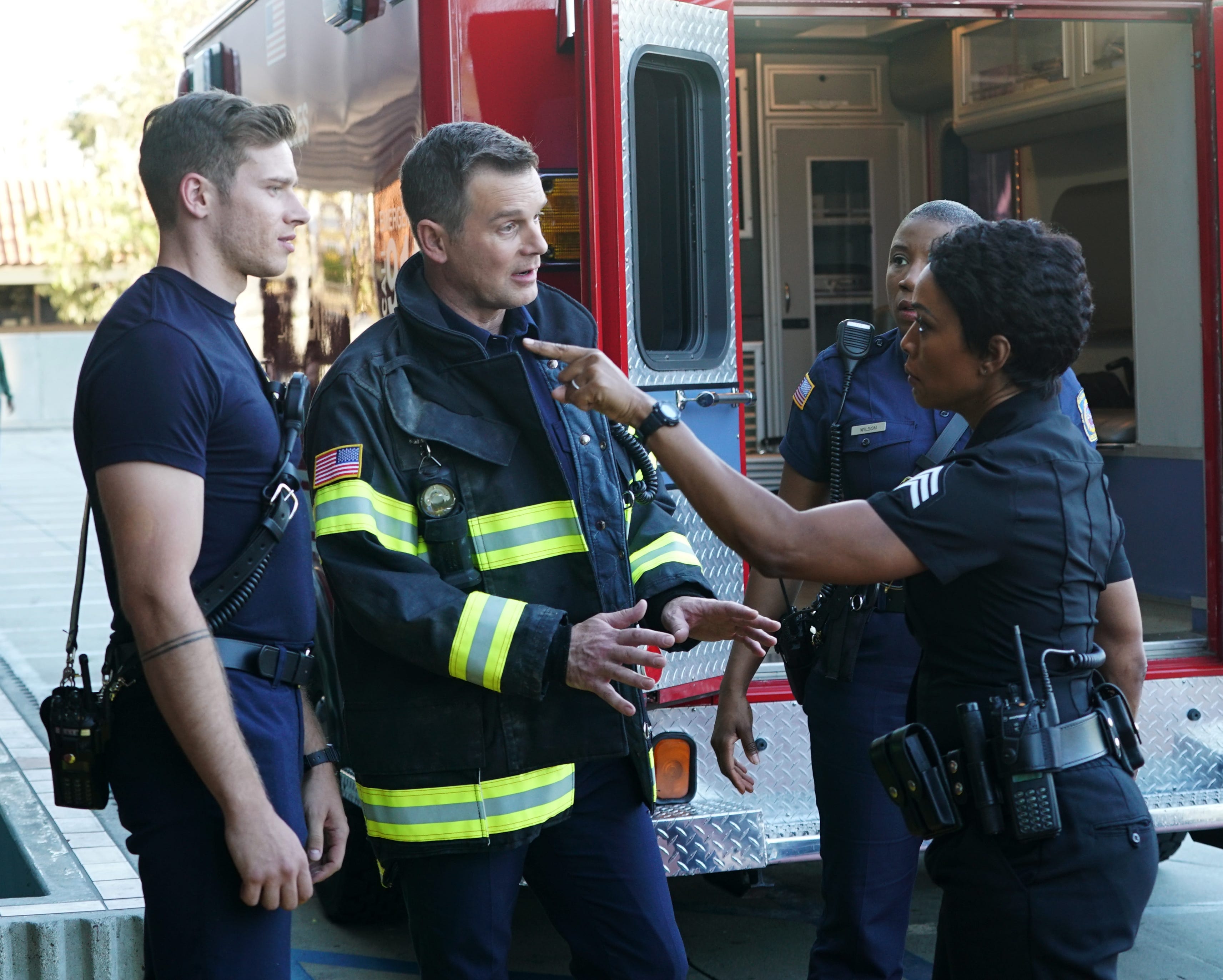 Angela Bassett as Athena Grant, Peter Krause as Bobby Nash and Oliver Stark as Evan "Buck" Buckley on '9-1-1.'