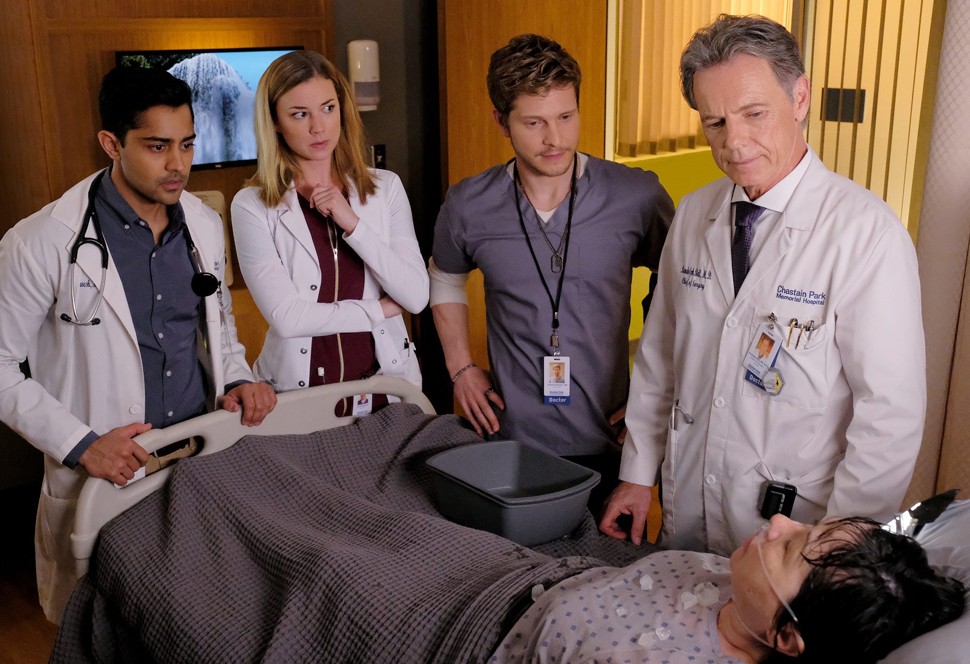 Manish Dayal, Emily VanCamp, Matt Czuchry and Bruce Greenwood in 'The Resident.